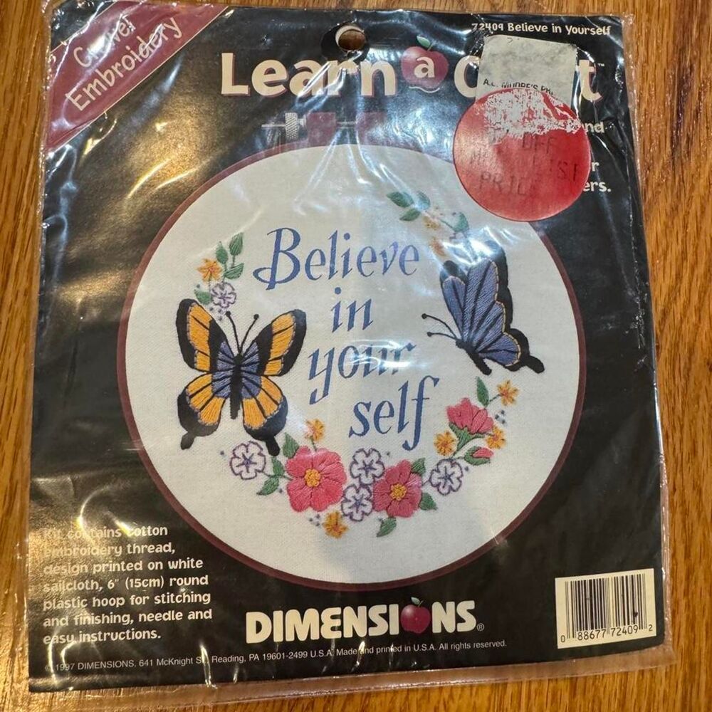 Dimensions "Believe in Yourself" embroidery kit with butterflies and flowers